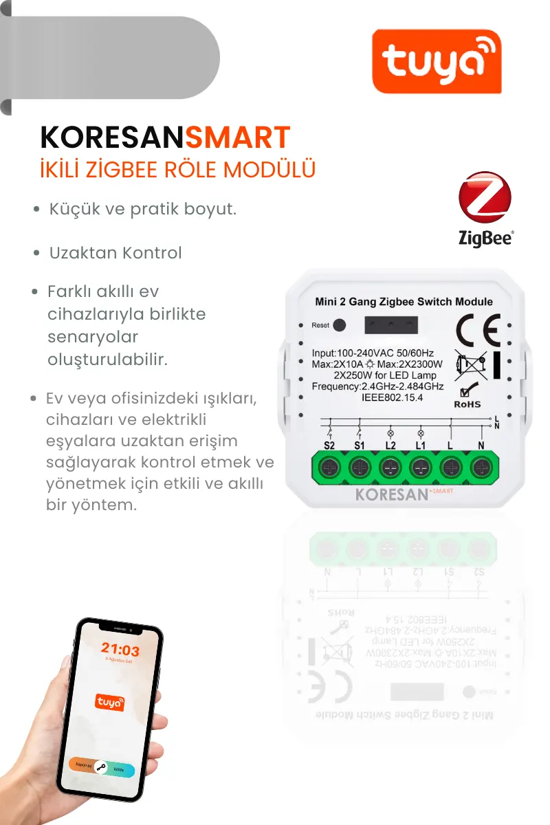 Mini Ikili Zigbee Tuya Role Anahtar Modulu